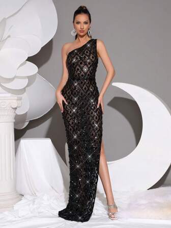 Modphy Vestido de malla asimétrico sin mangas y sin espalda, hecho a mano de lujo con cuentas, strass y lentejuelas, vestido de dama de honor formal para boda, fiesta de noche, para invitados de boda