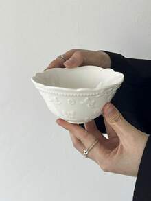 1pc/2pcs French Embossed Flower & Bow Ceramic Bowl, Breakfast Oatmeal Bowl, Fruit Salad Bowl, Afternoon Tea Dessert/Ice Cream Bowl, Household Rice/Pasta Bowl,School Supplies