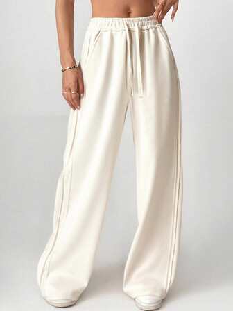 女士休闲运动宽松纯色抽绳腰直筒长裤