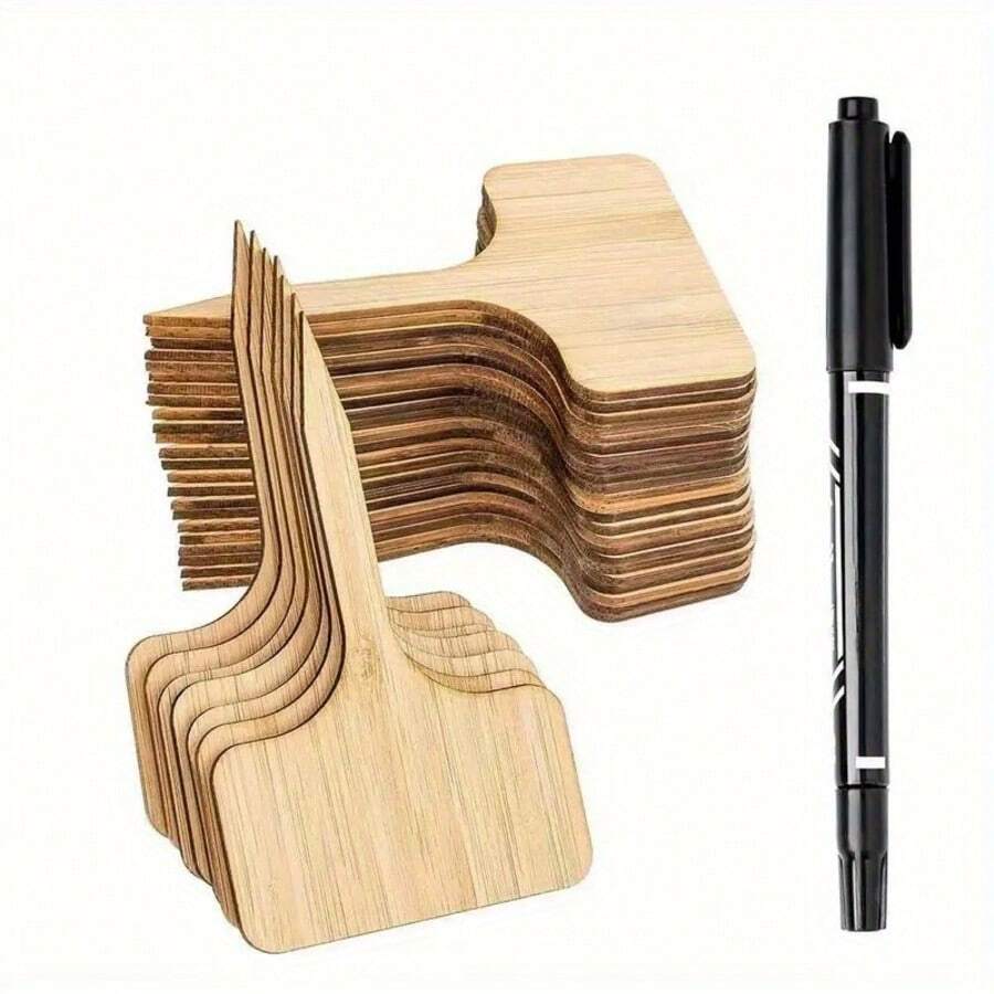 Xemussa Wooden Plant Label, 100 Plant Logo Labels With A Marker Pen, Vegetable Garden Label, Wooden T-Shaped Plant Label, Suitable For Garden Potted Plants (6x10cm) - 薑色 - 查看 1