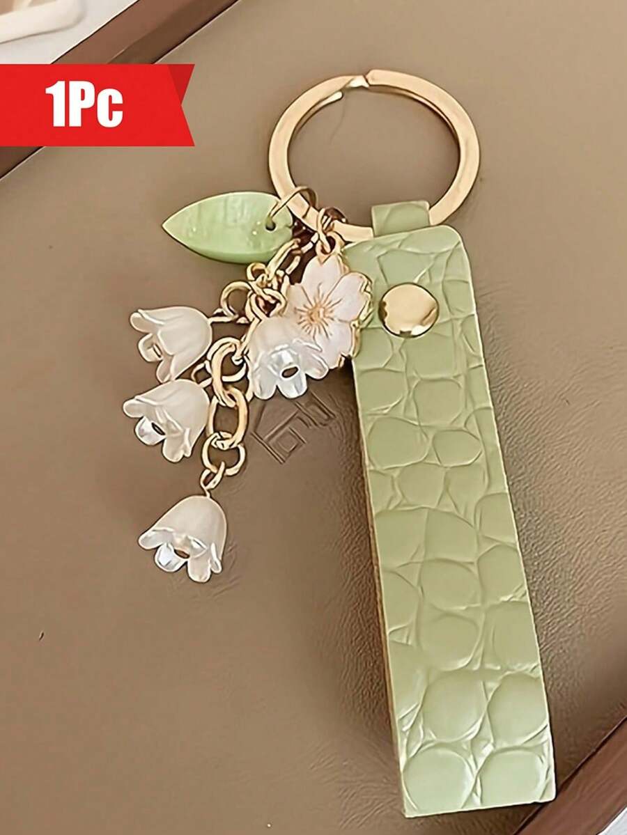 铃兰花钥匙扣情人节礼物绿色女士钥匙扣 PU 皮革汽车钥匙扣配件礼物，包包吊坠，可挂在背包、手提包、单肩包、购物袋、汽车钥匙、门钥匙、手机配件上 - 彩色 - 查看 1