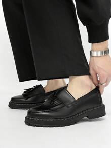 Men's Casual Thick Sole Slip-On Solid Black Leather Shoes, Durable Student Loafers, Formal Business Dress Shoes With Tassels, Lightweight Casual Work Boots