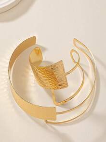 1set Fashion Exaggerated Geometric Choker Bracelet Set, Textured Hammered Metal Accessory For Daily Wear, Parties And Occasions - Gold - View 4
