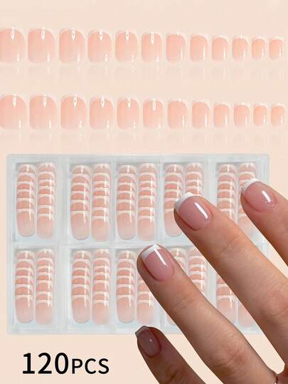 120pcs Short Square White French Minimalist Glossy False Nails, Fashionable & Versatile, Suitable For Daily Work, Study And Parties, DIY Manicure, Press-On Nails For Women, Nail Art Supplies