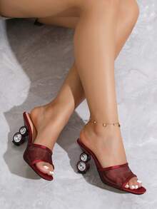 Women's Fine Mesh Crystal Heel Maroon Color High Heel Sandals, New For 2025 - Burgundy - View 4