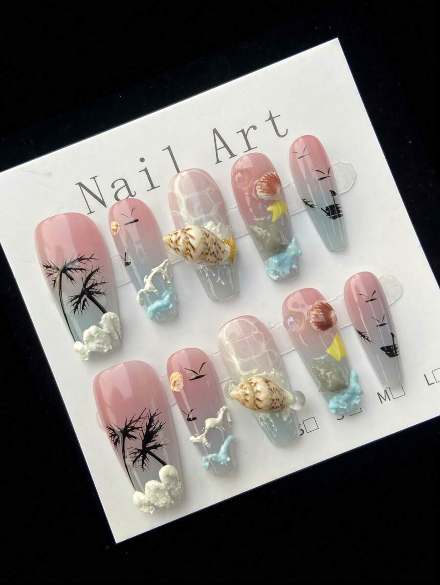 10 Pieces Of Handmade Fantasy Ocean Press On Nails,Summer Nails, Exquisite Shell Decoration, Press On Nails Coffin,Fashionable Design Coffin-Shaped Full-Coverage Nail Pieces, Creating A Sophisticated Look, Suitable For Women And Girls To Wear Daily Or On Holidays.