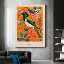 1pc Vibrant Magpie Bird & Floral Canvas Art Print - Rustic Vintage Wall Decor With | Colorful Home, Kitchen, Bedroom, Office & Bathroom Poster ,No Frame