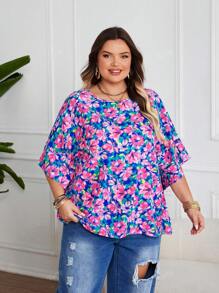 Woven Round Neck Plus Size Batwing Half Sleeve Floral All-Over Print Blouse, Casual Spring/Summer Vacation Wear For Plus Size Women