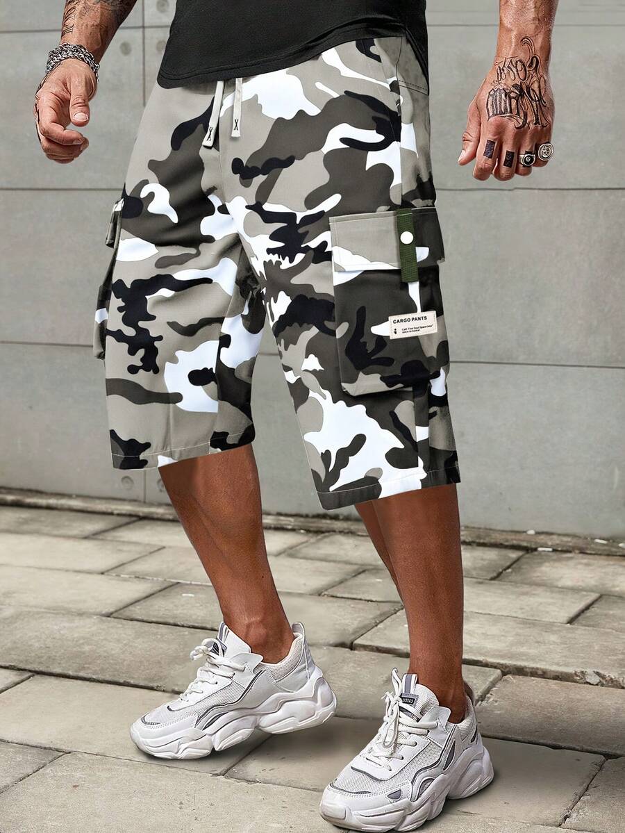 [Spring/Summer] Men's Cargo 3/4 Pants, Summer Drawstring Waist, Large Pockets, Letter Patch Design, Casual Sports Trousers