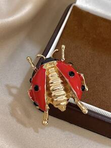 1Pc Retro Ladybug Brooch Pin With Enamel Red Cherries & Green Leaves For Women Girls - 14K Gold-Plated Gold Stainless Steel Brooch Pin, Mother Day Gift, Teacher Gifts, Graduation Gift, Bohemia Beach Accessories For Summer Travel & Festivals, For Daily Party, Rave/Prom Accessories - Multicolor - View 2