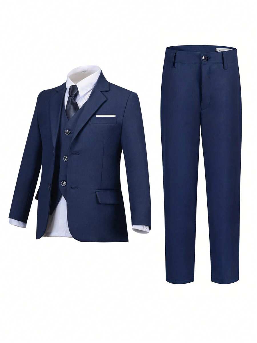 Tween Boy Suits 4-Pieces Suit Set Tuxedos Dresswear Ring Bearer Outfit Wedding Blazer Vest Pants Tie Formal Suits, Navy Blue Size 4-16Y - Navy Blue - View 1