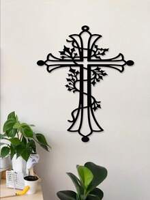 1 pieza Mural de arte industrial de hierro, Cruz anti-oxidante y rosa blanca, diseño religioso minimalista para regalo de Pascua/Día de Todos los Santos/Navidad - Multicolor - Ver 6