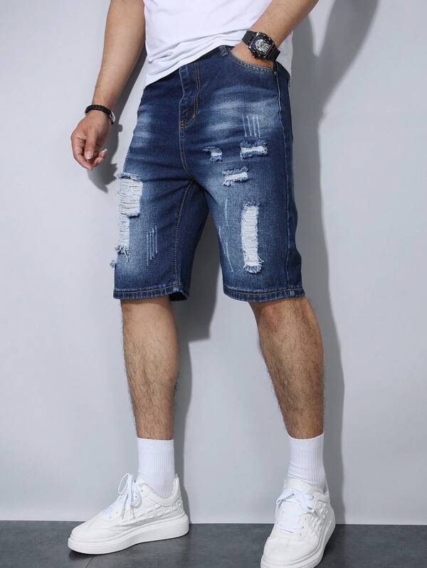 Pantaloncini di jeans casual da strada blu slavati di moda per ragazzi adolescenti