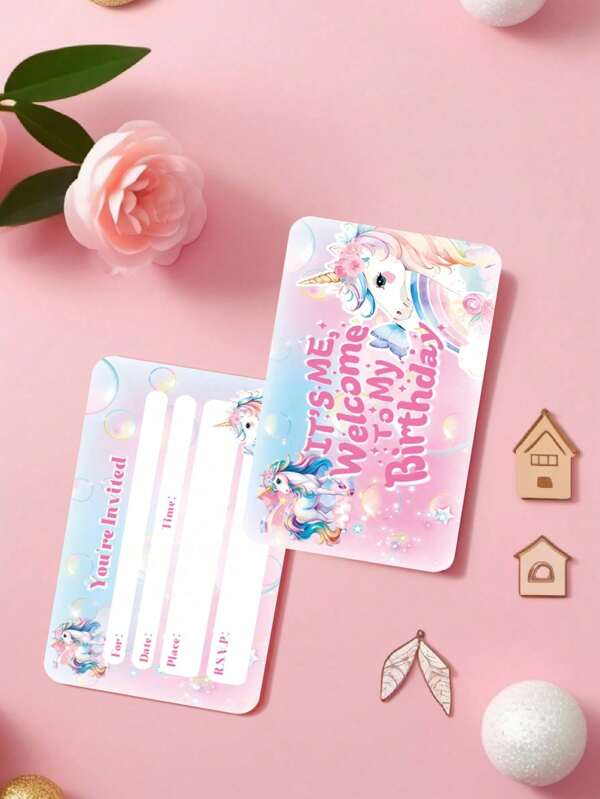 6/20Sheets Unicorn Birthday Party Invitation Card, Creative Birthday Party Invitation With Cartoon Unicorn,Birthday Party Decoration