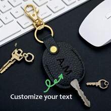 2pcs Custom Text Deluxe Oily Ostrich Grain PU Leather Key Holder, Car Key Cover Protector, Hanging Accessory, Storage Case