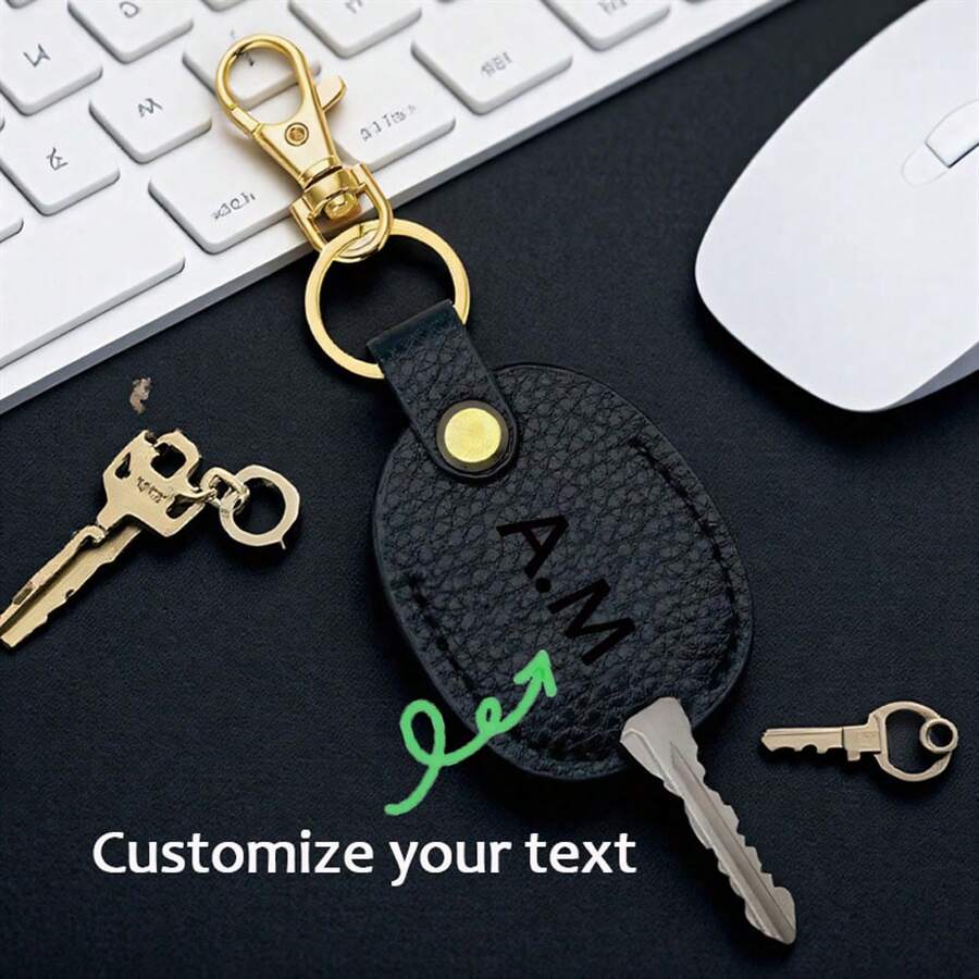 2pcs Custom Text Deluxe Oily Ostrich Grain PU Leather Key Holder, Car Key Cover Protector, Hanging Accessory, Storage Case