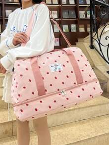 Corduroy Strawberry Print Luggage Overnight Travel Duffel Bag, Large Capacity Gym Sports Yoga Tote, Wet Dry Separate Weekend Shoulder Handbag With Shoe Compartment, Casual Portable For Business, Vacation, Outdoor, Skiing, Fitness, Labor And Delivery Bag For School School Accessories School Stuff