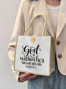 Simple Pattern Christian Printed Linen Tote Bag, Perfect For Travel And Vacation, Best Gift To Express Faith, Button Decorated Shopping Bag Double Handle, Tote Bag, Reusable, Suitable For Wedding, Birthday, Beach, Festival, Perfect For Graduates, Teens, Freshmen, Sophomores, Teens, College And High School, Outdoor, Travel And Back To School