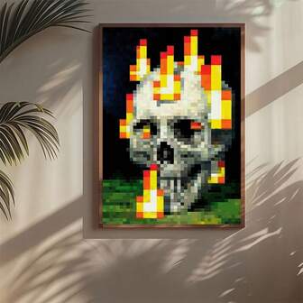 1 pieza/Set Póster de lienzo con calavera de llamas de píxeles abstractos y vibrantes, estilo de decoración artística, arte de pared interior, póster e impresión, pintura mural artística para regalo, dormitorio, oficina, sala de estar, cafetería, decoración de pared, decoración del hogar y la habitación, sin marcos, decoración de Halloween, decoración de otoño, decoración de habitación