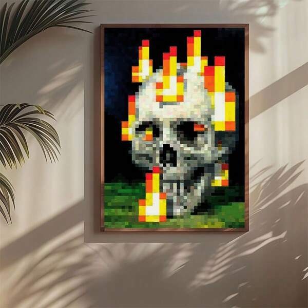1pc/Set Abstract Vibrant Pixel Skull Flames Canvas Posters, Art Decor Style, Indoor Wall Art, Poster And Print, Artwork Wall Painting For Gift, Bedroom, Office, Living Room, Cafe, Wall Decor, Home And Dormitory Decor, No Frames, Halloween Decor Home Decor Fall Decor Room Decor