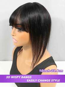 O-Shape Natural Black Straight Human Hair Topper With Bangs - 8" & 10" Real Human Hair Extensions For Thin Hair, Unisex Natural Look Hairpiece For All Ethnicities - Natural Black - View 2