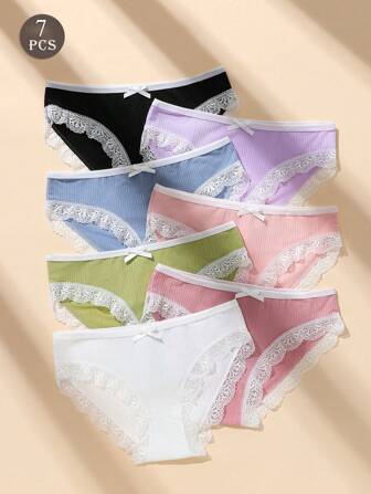 7PCS Women Soild Color Lace Briefs Cute Bow Design Soft Breathable Ladies Panty
