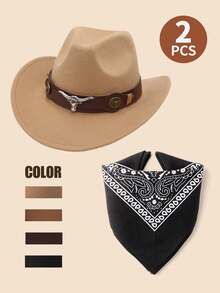 两件套西部牛仔服装套装，包括牛仔帽和头巾，经典卷边软毡帽，男女童皆宜 - Cowboy hat+Black Head Scarf - 查看 3
