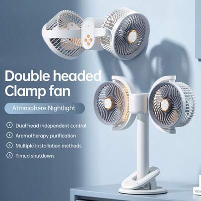 Table-Top & Clip Fan Rechargeable Double-Head Desktop Fan, 2400mAh Battery Operated Desk Fan, USB Fan, 4 Speeds, Strong Airflow, Sturdy Clamp For Golf Cart Office Desk Outdoor Travel Camping Tent Gym Treadmill Office Household Fan