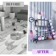 Dumbbell Rack Stand Multifunctional Weight Rack For Dumbbells Yoga Mat Fascia Roller Kettlebell And Yoga Block PowderCoated Steel Dumbbell Stand With Wheels And Hooks - DeepBlack - View 5