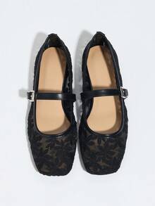 Women's Black Flat Ballerina Shoes With Flower Embroidery, Breathable Hollow Out Mesh Summer Sandals, Wide Toe Box For Comfort, Mary Jane Style - Black - View 5