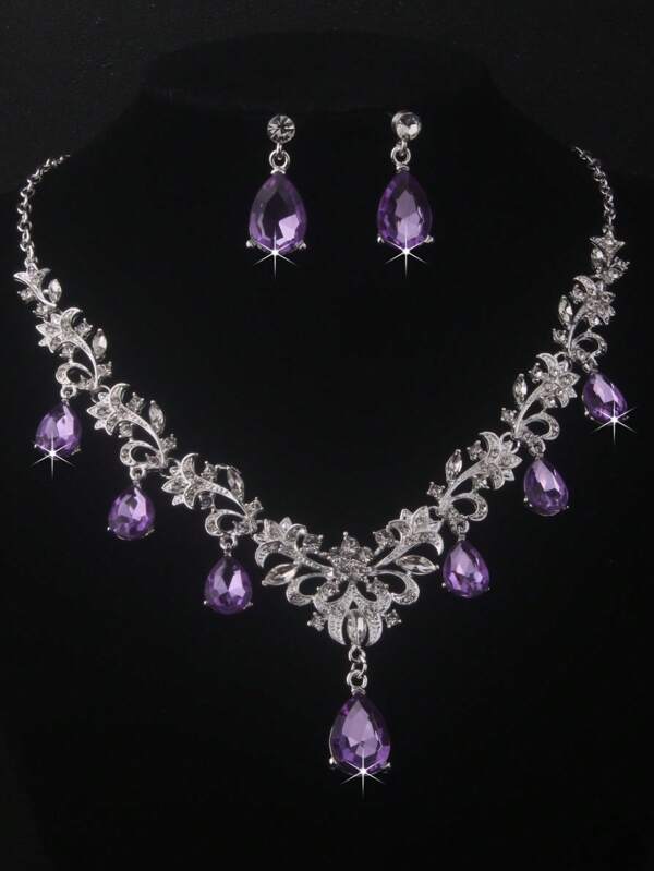 Luxury Bride Jewelry Set - Purple Teardrop Necklace & Earrings Set, Bridal Accessory Necklace For Wedding Gown, Stage Performance, Party Dress