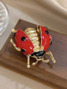 1Pc Retro Ladybug Brooch Pin With Enamel Red Cherries & Green Leaves For Women Girls - 14K Gold-Plated Gold Stainless Steel Brooch Pin, Mother Day Gift, Teacher Gifts, Graduation Gift, Bohemia Beach Accessories For Summer Travel & Festivals, For Daily Party, Rave/Prom Accessories - Multicolor - View 4