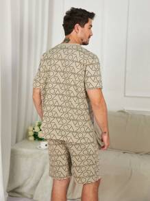 2pcs/Set Summer Men's Thin Geometry Print Round Neck Short Sleeve Shirt And Shorts Pajama Set, Casual Homewear With High-End Look