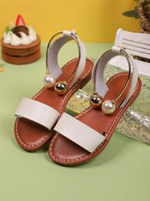 Sandalias casuales de verano 2025 con lazo y perlas para niñas, cómodas y versátiles, con diseño de punta abierta con estilo