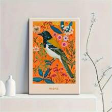 1pc Vibrant Magpie Bird & Floral Canvas Art Print - Rustic Vintage Wall Decor With | Colorful Home, Kitchen, Bedroom, Office & Bathroom Poster ,No Frame
