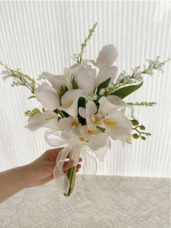 Romantic White Wedding Bouquets For Bride Bridesmaid Bouquet, Tulip Simulation Flower Bride Bridesmaid Wedding Ceremony Bouquets ,Wedding Photography Bouquet , Marriage Photo Props,Artificial Flowers Bouquet For Wedding Valentine's Day Church Home Decoration