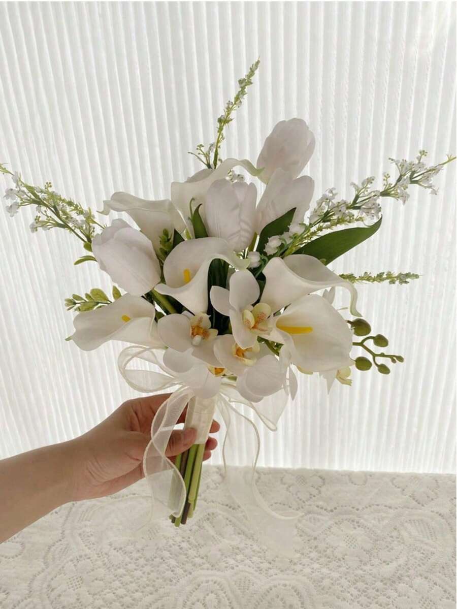 浪漫白色婚禮花束，適合新娘與伴娘，人造鬱金香花，婚禮儀式花束，婚禮攝影花束，婚禮拍照道具，人造花束，適用於婚禮、情人節、教堂、居家裝飾