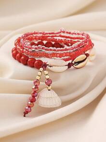 5pcs/Set Bohemian Seashell Multi-Element Pendant Anklet, Colorful Bead Multilayer Elastic Rope Anklet, Versatile, Women Fashionable Design, Suitable For Travel & Photography - Royal Blue - View 11