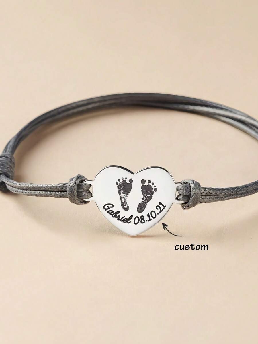 Custom Baby Bracelet Personalized Rope Adjustable Carved Baby Footprint Handprint Stainless Steel Jewelry For Men Mom - Bracelet Heart Foot - View 1