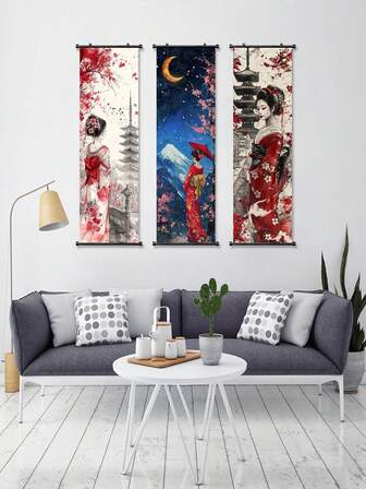 [High Definition Canvas Wall Decor] 3pcs Geisha-Inspired Hanging Scrolls, Art Deco Canvas Wall Art, Classic Style Multipurpose Home & Living Room Decor, High Definition Odorless Ink Print, With Wall Hanging Portrait Orientation, For Indoor/Outdoor Use, Ideal Gift For Friends