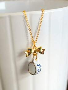 1pc Floral & Bowknot Design Colorful Ceramic & Metal Pendant Necklace For Women, Fashionable Accessory Suitable For Parties, Events, Everyday Wear - Multicolor - View 5