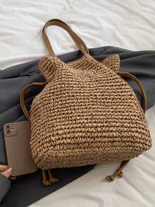 2025 New Straw Drawstring Bucket Bag, Fashion Casual Solid Color Versatile Vacation Travel Shopping Large Capacity Straw Shoulder Tote Bag - Khaki - View 5