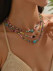 3 Stücke/Set Boho Sommer Urlaubsstil Perlen, Glassee-Stern Anhänger mehrschichtiges Perlenkette, geeignet für Frauen Strandurlaub
