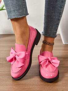 Women Flat Pink Loafers With Pointed Toe, Bow Decor, Glossy Nurse Stewardess Casual Slip-On Shoes Waterproof Platform For Commute, Lolita COS - Pink - View 3