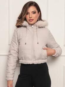 Women's Puffer Jacket Cropped Winter Double-Sided Teddy Removable Hood Zipper Lined Plush Nylon Fur Elastic Cuff Fitted Stylish Modern Look Fashion Luxurious - 奶油色 - 查看 6