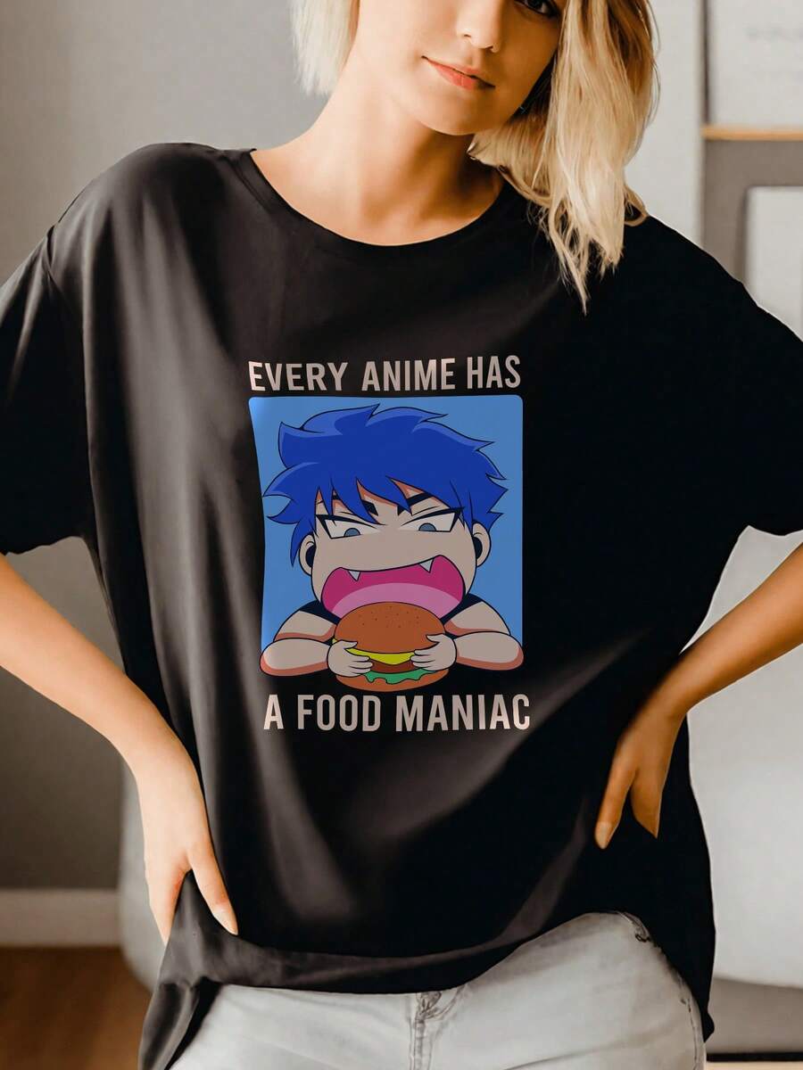 Camiseta de algodón negro de 180 g con estampado gráfico de Anime Food Maniac para mujer, camiseta informal de manga corta con cuello redondo, diseño de personajes de anime cómodo y elegante, perfecta para amantes del anime, idea de regalo divertida y moderna para fanáticos del anime, camiseta fresca de dibujos animados para uso diario, camiseta gráfica acogedora para salidas informales o descansar, camiseta de anime negra única para mujer - Negro - Ver 1