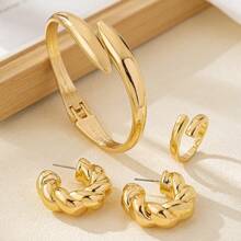 4pcs Gold Heavy Metal Geometric Waterdrop Matte Bracelet Ring Earring Jewelry Set, Minimalist Elegant Multipurpose Daily Accessories