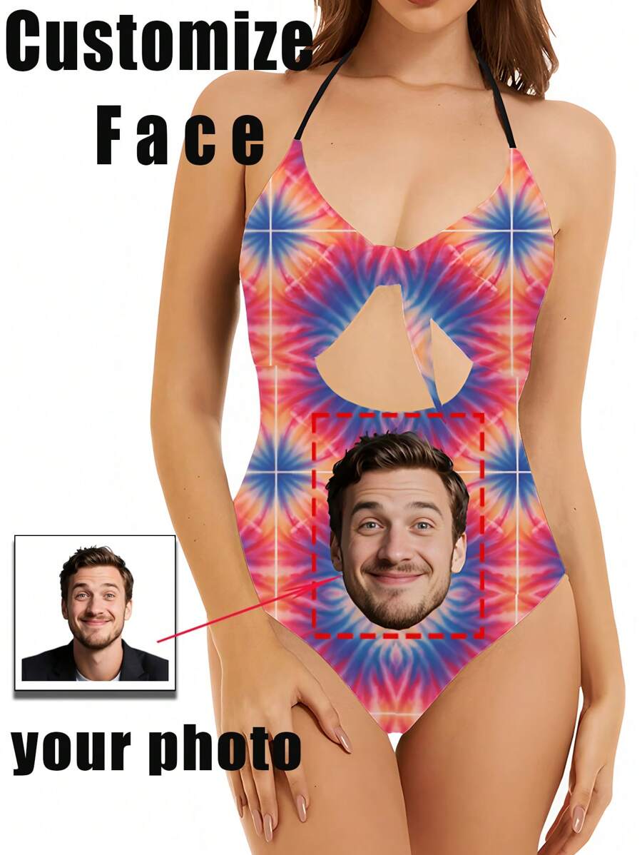 1 pieza Traje de baño de una sola pieza con estampado facial personalizado para mujer, diseño sexy y de moda con lazo hueco, impresión facial personalizable, apto para piscina, playa, vacaciones, niñas