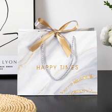 1pc INS Style Gift Bag With Dual Color Ribbon & Marble Pattern, Tote Bag For Gifts, Suitable For Valentine's Day, Presents, Shopping, Snacks, Apparel