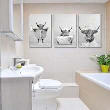 Set Of 3 Black And White Highland Cow Wall Art Canvas Painting, Funny Animal Bathroom Poster Prints With Frame, Suitable For Modern Living Room, Bathroom, Bedroom, Hotel, Apartment, B&B, Farmhouse, Hallway, Studio, Kids Room, Classroom, Study, Office Decoration Ready To Hang ,Wall Art With Frame